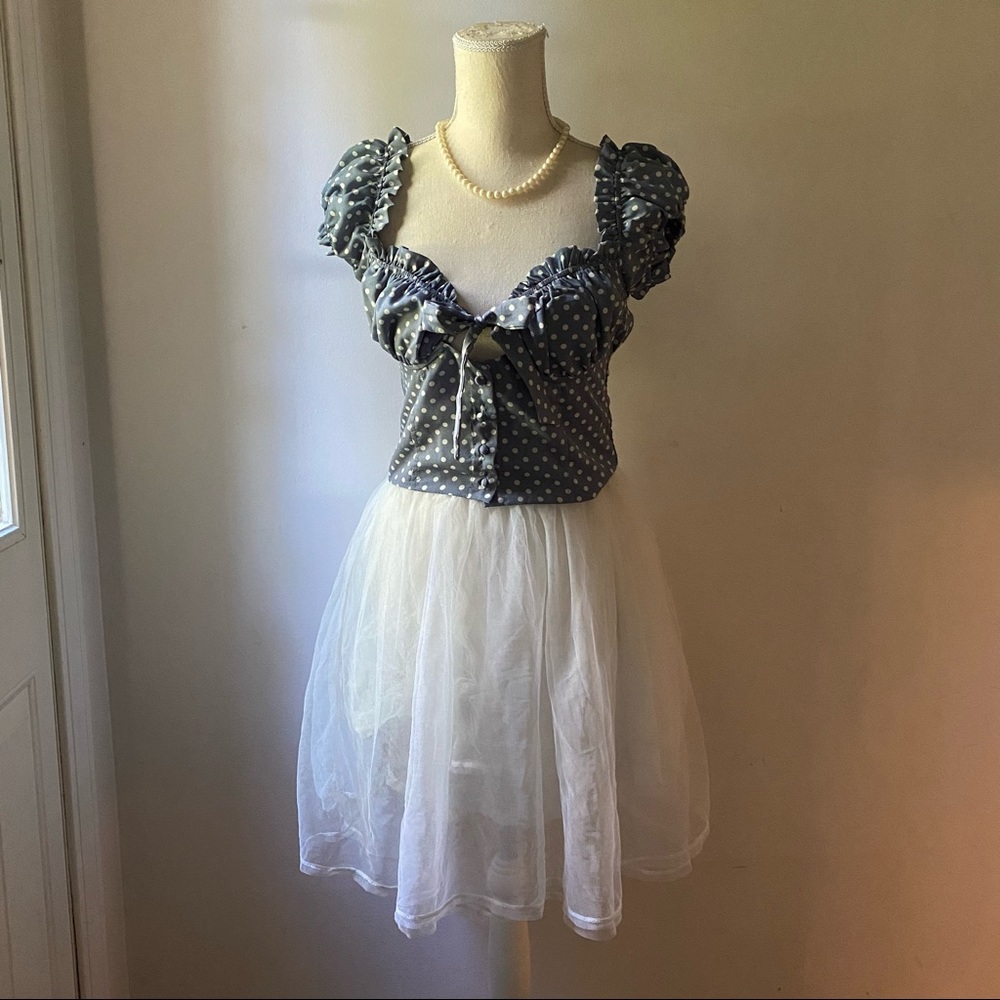 Blue polka dot ruffle cottage core top